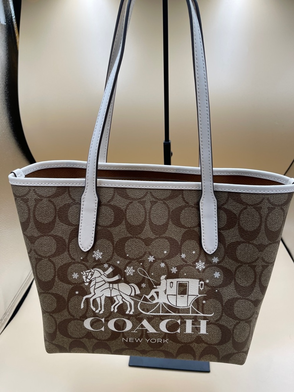 Coach Brown Canvas Tote with White Trim and Festive Coach Carriage Print